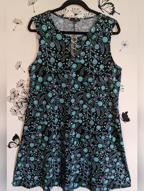Sleeveless Black Dress with Teal Floral Print